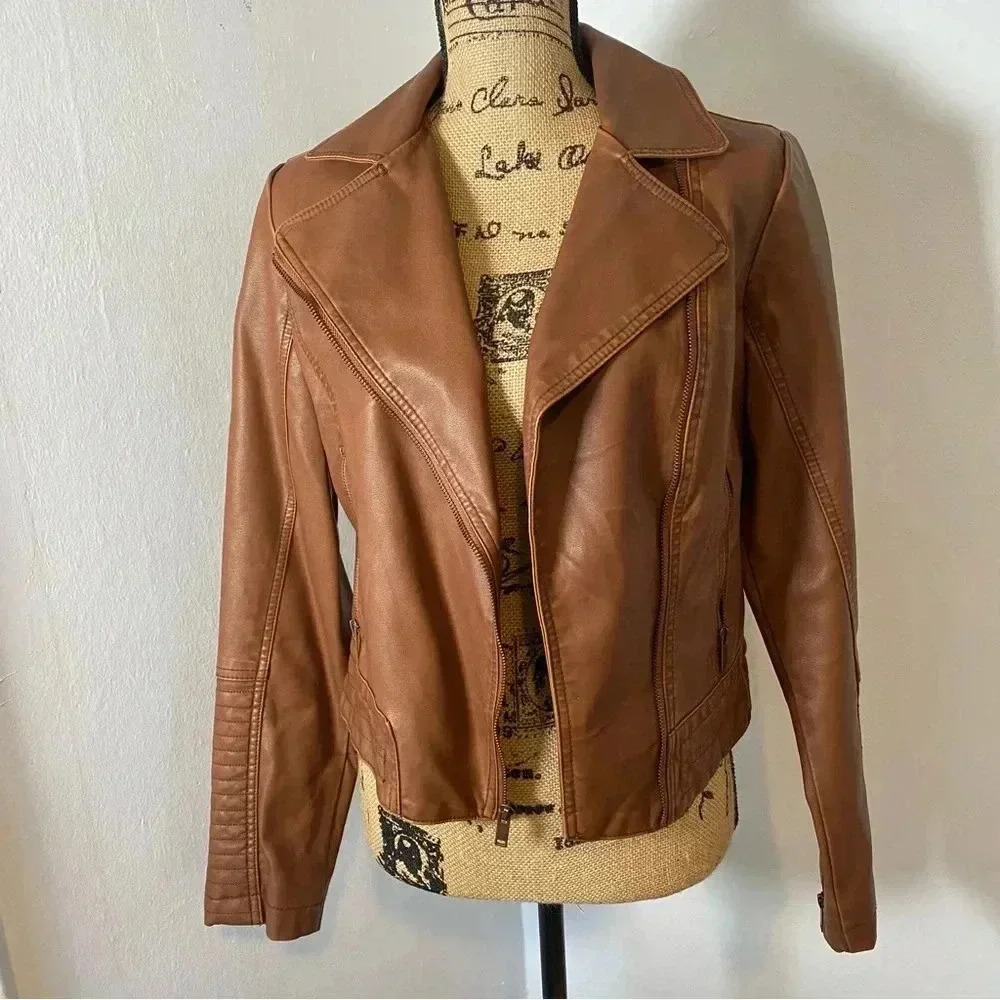 Tan Faux Leather Bomber Jacket Women’s Extra Small - Picture 2 of 7